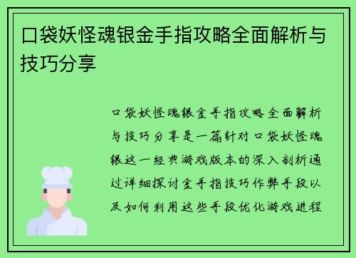 口袋妖怪魂银金手指攻略全面解析与技巧分享