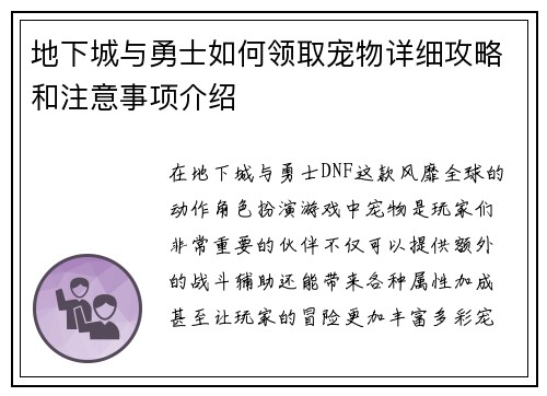 地下城与勇士如何领取宠物详细攻略和注意事项介绍